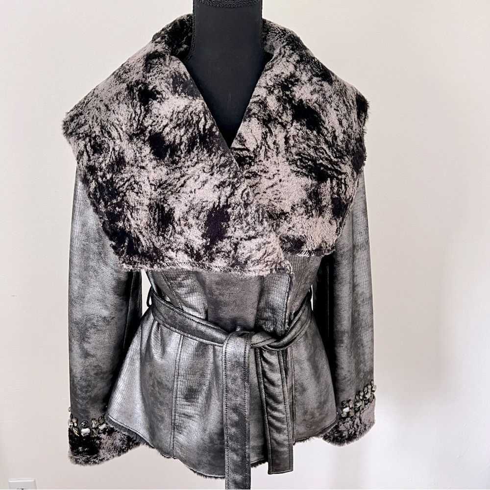 Demoiselle Silver Metallic Faux Leather & Fur Jacket